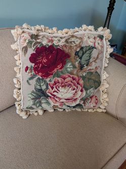 Floral Needlepoint Throw Pillow with Tassel Trim