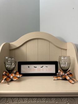 Halloween Wine Glasses & Rae Dunn Wooden Sign