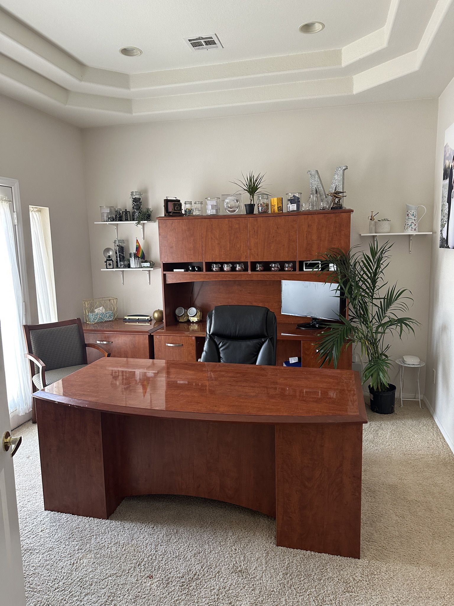 Executive Wood Desk and Storage Hutch Set - Modular Home Office Furniture