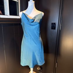 Teal Satin Slip Dress Cowl Neck Y2K 90s Minimalist Chic | Model Off Duty