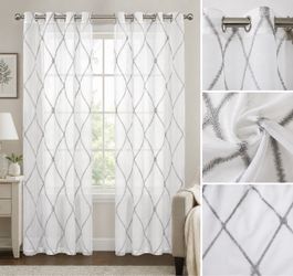 Topfinel Sheer Curtains – White & Gray Diamond Pattern – 54” x 96” – New