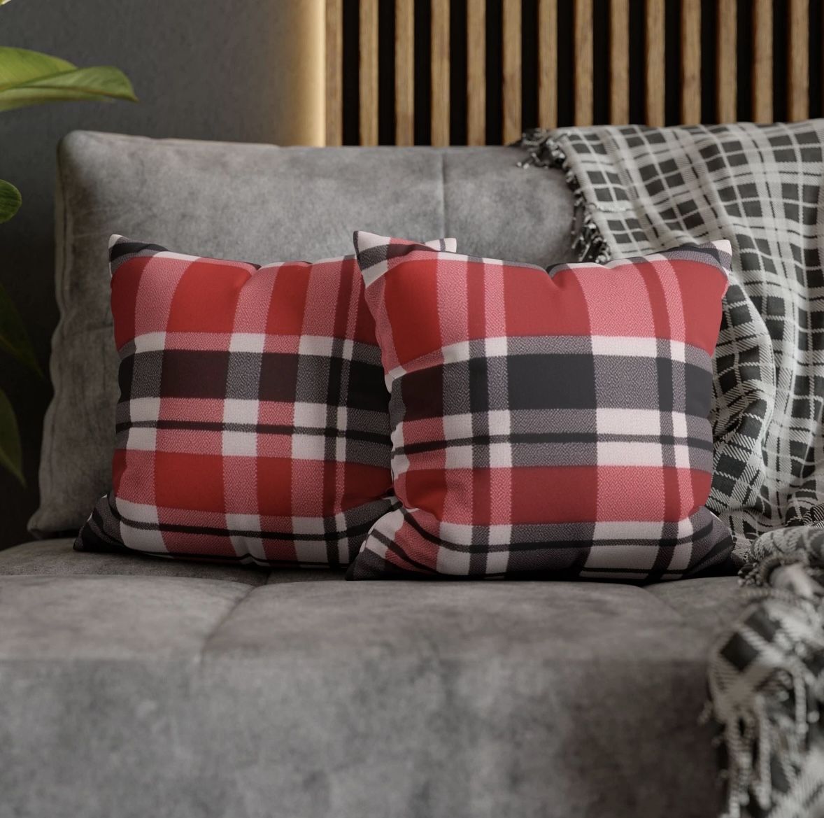 Red Black Plaid Faux Suede Pillowcase | Square Throw Pillowcase