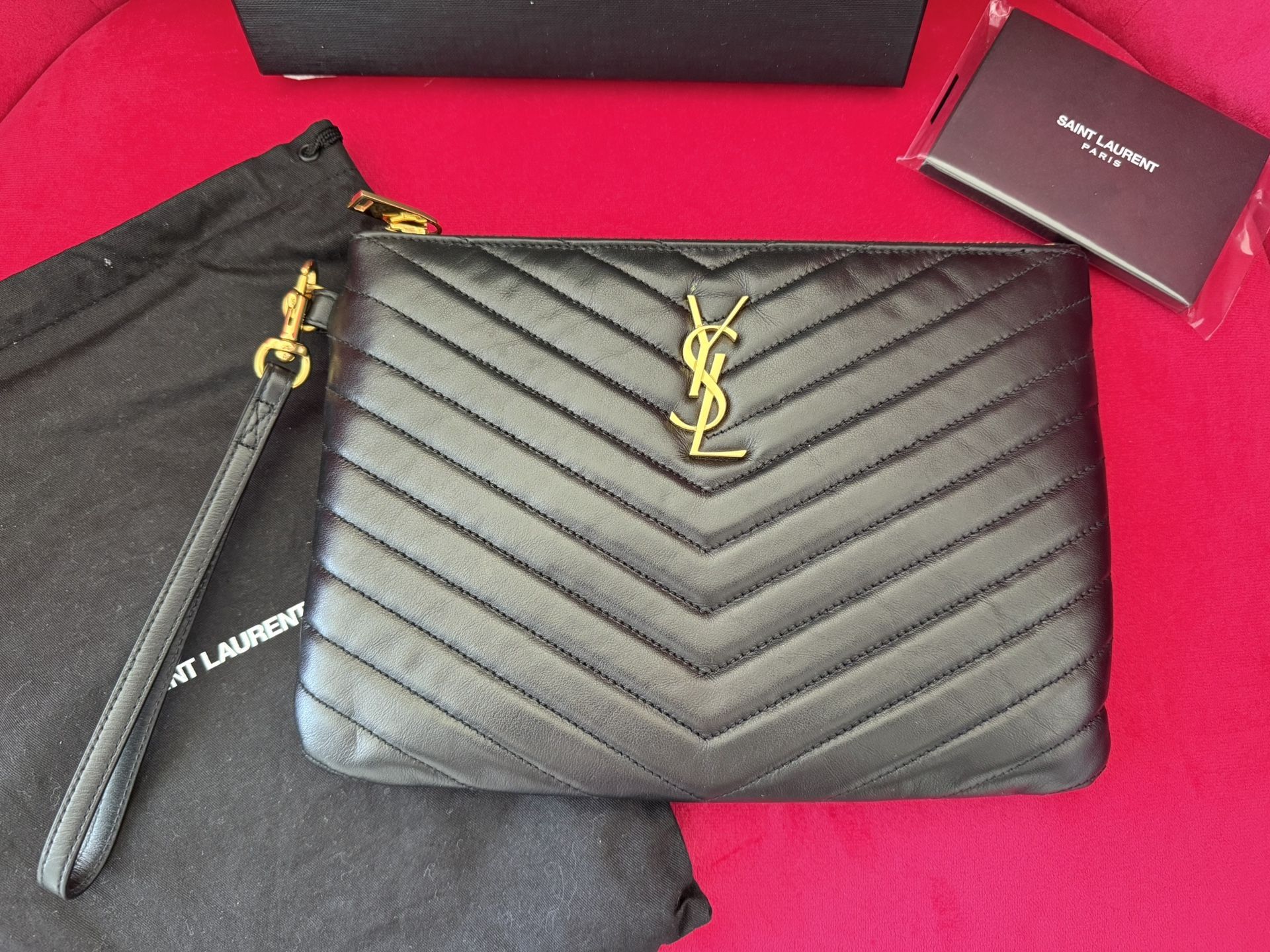 Authentic YSL Saint Laurent Black Pouch Wristlet Bag Zipper 