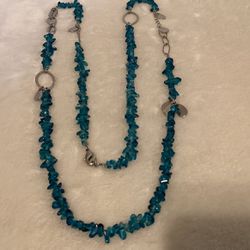 36” Silver tone And Turquoise Crystal Beaded Necklace With Dangling Accent Charms