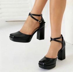 NIB: Women's High Block Heels Pumps Mary Jane Square Closed Toe Ankle Strap Dress Shoes-9.5
