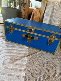 Vintage 30x 16x 12” blue and brass cedar chest steampunk trunk the long lock