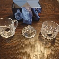 Longchamp crystal Cristal D’Arques glass sugar bowl with lid and creamer.