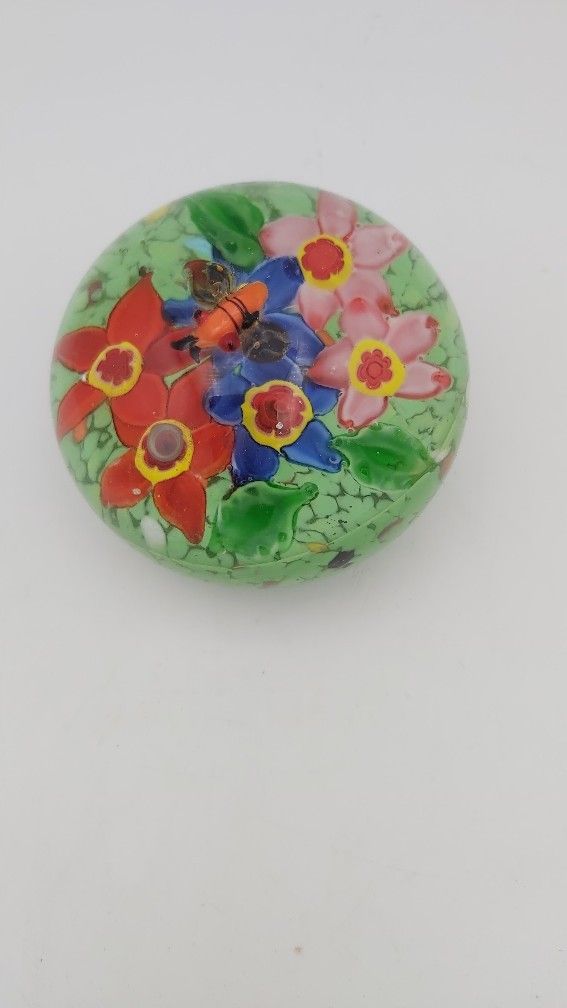Lovely Floral Glass Paperweight With Attached Bee