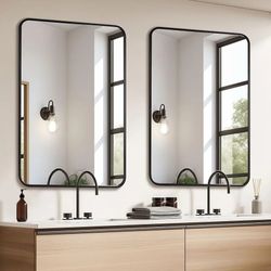 2 Pcs 24 x 36 Inch Black Metal Framed Bathroom Mirror for Wall, Rounded Rectangle Mirror Matte Black Bathroom Vanity Mirror,Anti-Rust, Hangs Horizonta