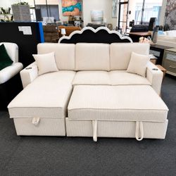 Modern Beige Corduroy Convertible Sectional Sofa w/ Storage Chaise, Cup Holders & USB Ports