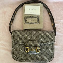 Authentic GUCCI × BALENCIAGA GG Supreme Horsebit 1955 Shoulder Bag – Beige Ebony Logo Print 