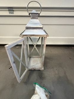 rustic, white-distressed decorative candle lantern