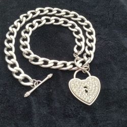 Stainless Steel Cuban Link Choker Chain  Necklace With Heart Pendant  Silver Tone 