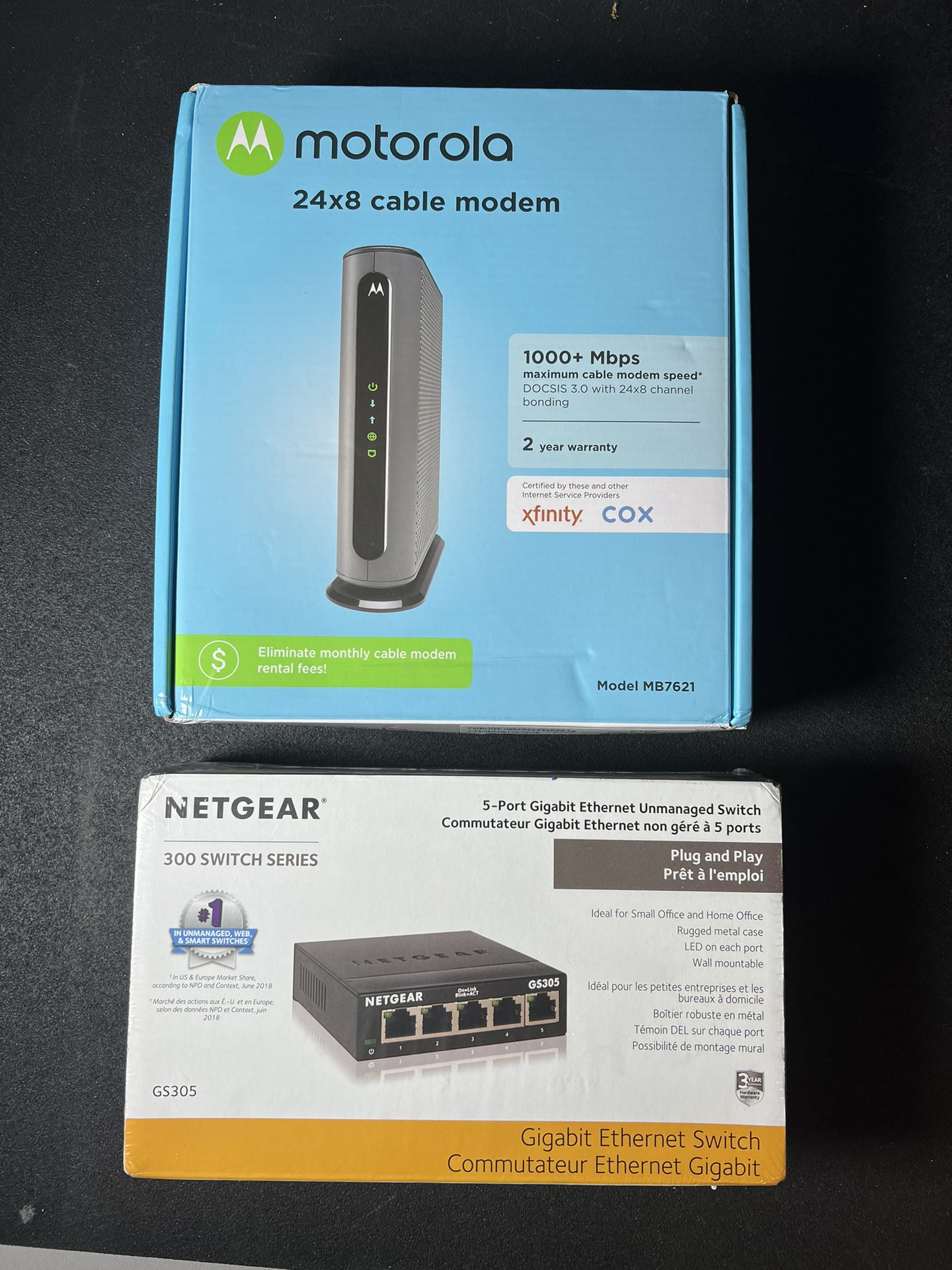 Motorola Modem & Netgear Gigabit Ethernet Switch 