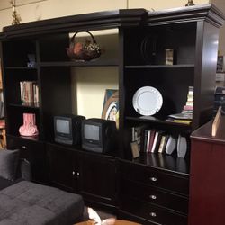 Black Cappuccino Solid Wood Modern Entertainment Center TV Stand Bookshelf Shelves Cabinet