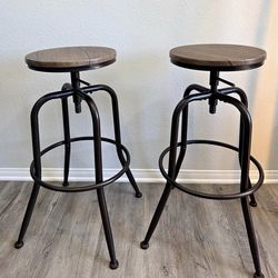 Set of 2 Adjustable Industrial Bar Stools – Wood & Metal -moving sale