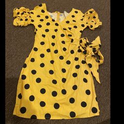 Haute Monde Small Women’s Yellow black polka Dot dress with side bow midi EUC!