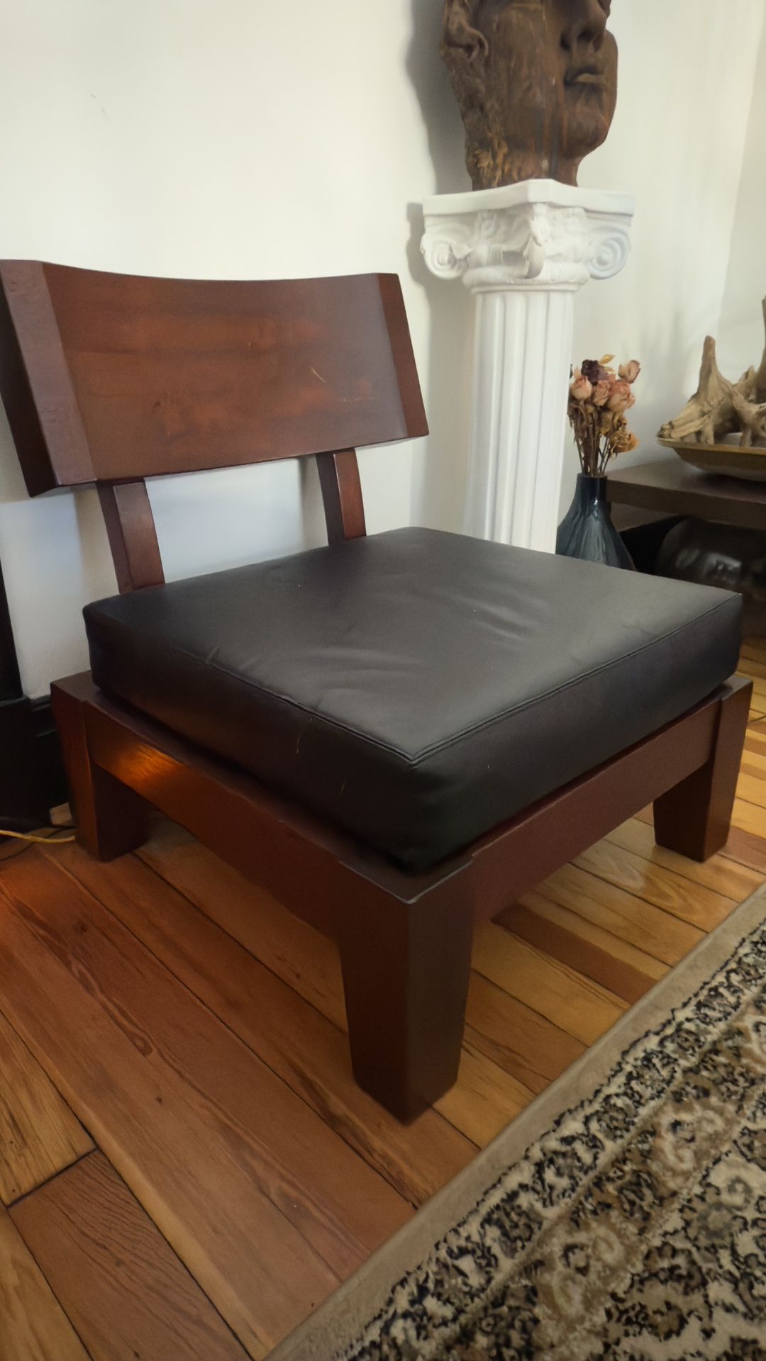 : Pair of Solid Wood Lounge Chairs with Leather Cushion Covers