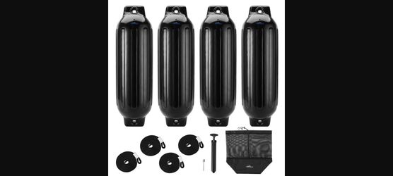 Inflatable Boat Fenders 8.5" (4 Pack) with Ropes, Pump & Storage Bag - Black