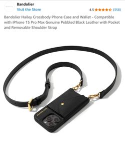 Bandolier Hailey Crossbody Phone Case and Wallet - Compatible with iPhone 15 Pro Max Genuine Pebbled Black Leather with Pocket and Removable Shoulder 