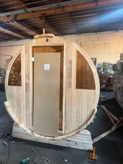 2-4 Person Outdoor Backyard Barrel Sauna with Harvia 6KW Heater, Tempered Glass Door, Japanese Cedar Wood, Asphalt Shingle Roof, 67" Interior Length