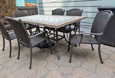 7-Piece Outdoor Patio Dining Set – Tile Top Table & 6 Chairs