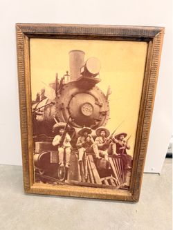 Vintage Mexican Revolution Soldiers on Locomotive Train Photo Framed 13x18