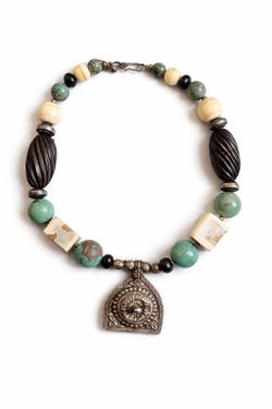 Vintage Ethnic Necklace – Turquoise, Bone & Horn Beads w/ Ethiopian Silver Pendant