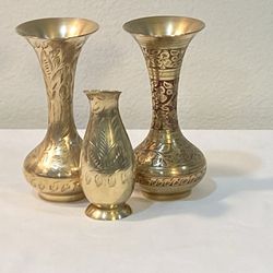 3 Petite Solid Brass Embossed Bud Vases 