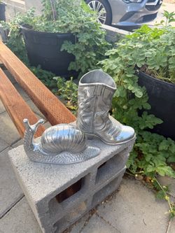 Silver Metal Snail and Cowboy Boot Sculpture