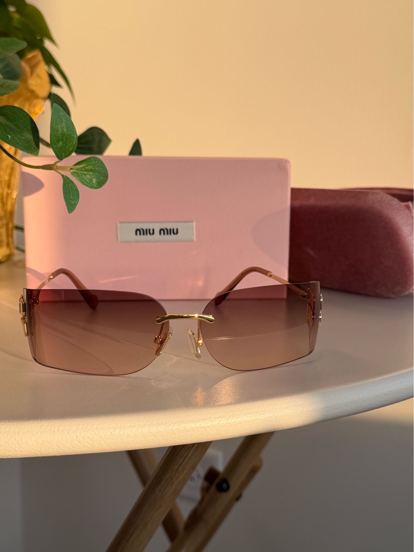 Rimless Shield Sunglasses Brown Gradient Lens Gold Accents