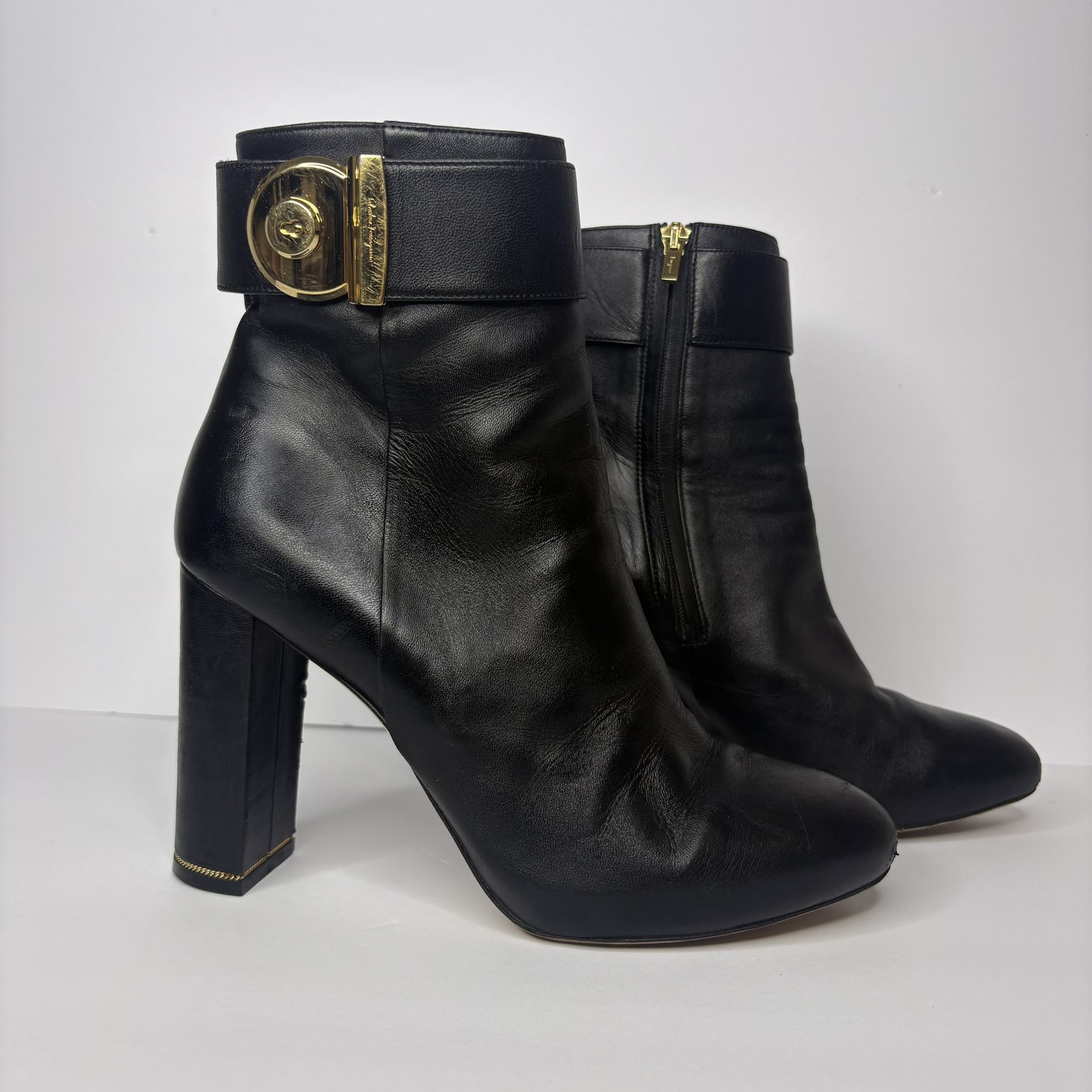Ferragamo Fiamma Leather Booties size 8.5  SALVATORE FERRAGAMO Made in Italy Size: 8.5 Euro Size: 38.5 almond toe black leather boots block heel gold 