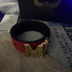 Red Mcm Belt Reversible To Plain Black Resizable Authentic 