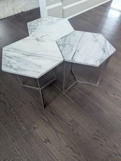 West elm Hex 15.5" Side End Table In Marble And Silver
