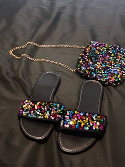 black multi sequin slide sandals and Matching purse