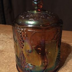 Vintage Indiana Carnival Glass Iridescent Marigold Harvest Grape Canister Jar With Lid
