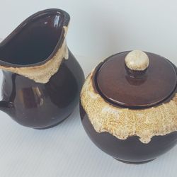 Vtg Roseville Robinson Ransbottom Pottery RRP Brown Drip Glaze Crock Set Pitcher Creamer & Sugar bowl 
