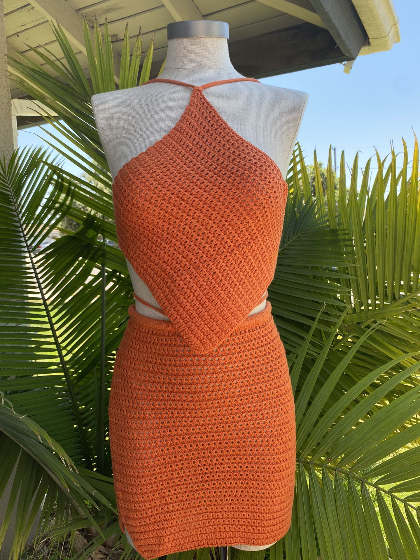 Two Piece Skirt Set Crochet - Orange