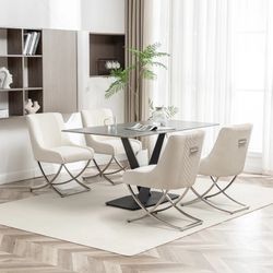 Elegant Velvet Dining Chair Set of 4/6 with Metal Legs and Back Pull Design, Beige/Grey