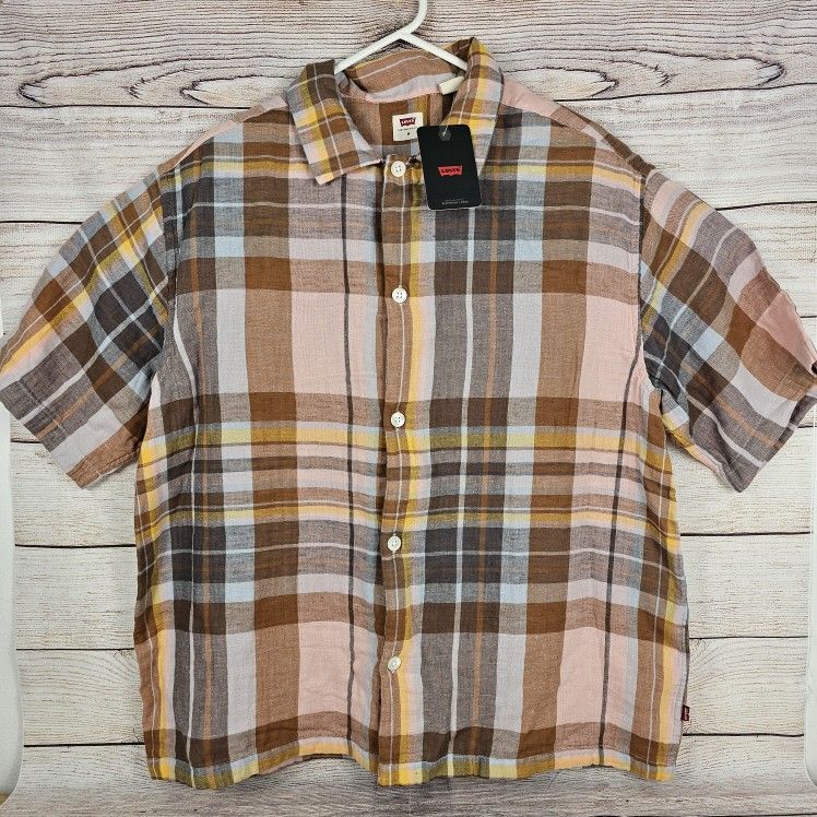 Levis Short Sleeve Slouchy Button Up Plaid Shirt Hemp Cotton Mens Size Medium