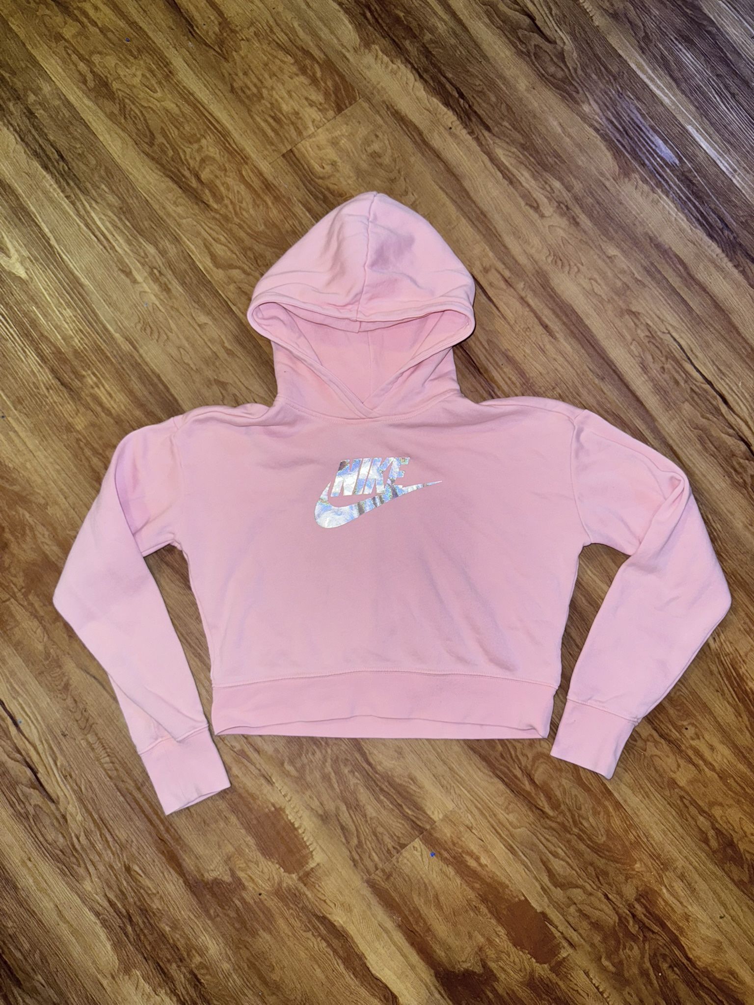 Nike Girls Size XL Blush Pink Cropped Hoodie Glitter Silver Swoosh Black Tag LOG