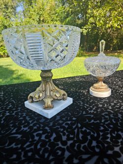 $150.00 - (2) MidCentury Hollywood Regency Rococo Compote Bowls, Crystal/Brass/Marble - Like New! "Bundle Price" Offer!