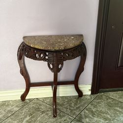 Vintage Genuine Pink Marble & Mahogany Carved Corner Table