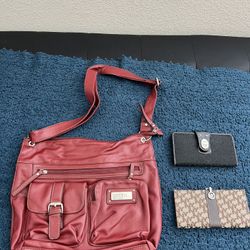 Zippered Leather Handbag Two Wallets 