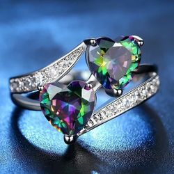 925 Sterling Silver Mystic Rainbow Double Heart Promise Ring - Size 6