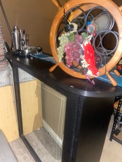 Black Wood Bar front glass mirror with color changing leds back storage + 2 barstools