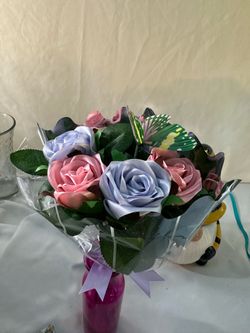 Half‑Dozen Handmade Satin Ribbon Rose Bouquet – Pink & Lavender