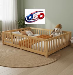 OBO Sleepy Time! Bellemave Full Size Fence Floor Bed Frame With Door, Natural Brown