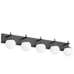 Ralbay Mid Century Modern Vanity Light 5-Light Matte Black Bathroom Wall Lighting Fitures Black Milky Glass Globe Vanity Light for Bathroom (Exclude B