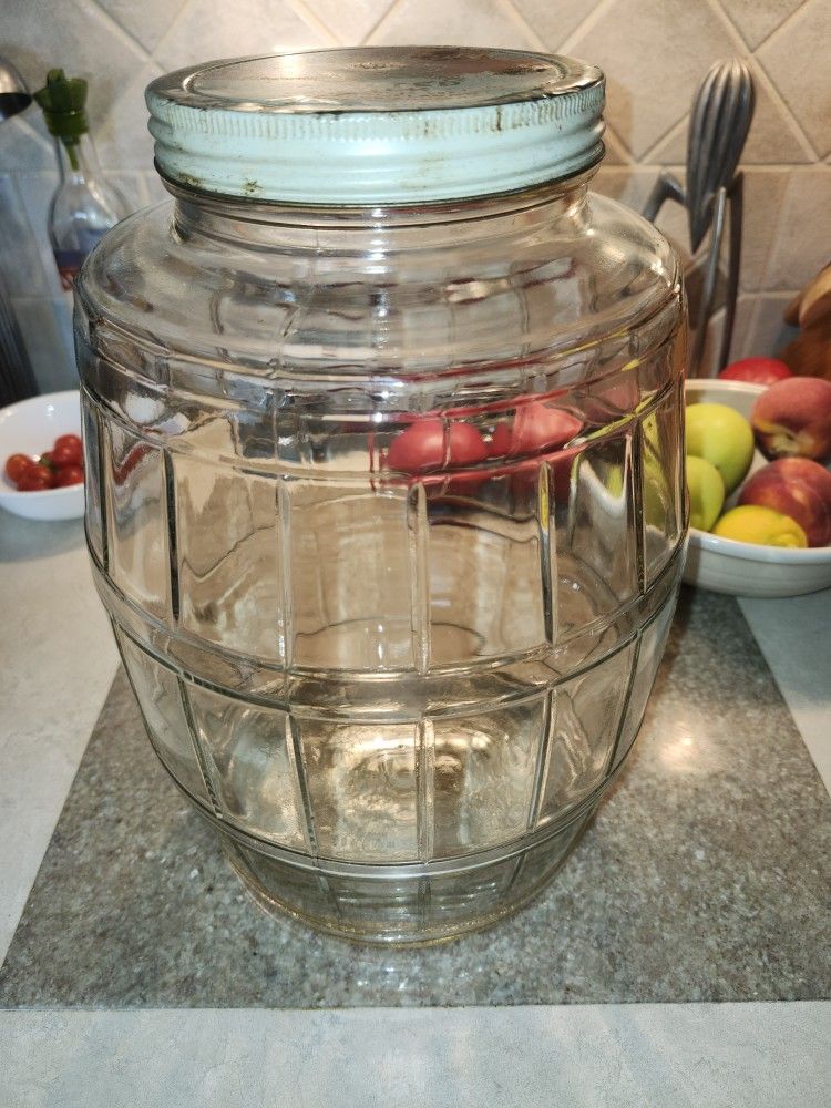 1948 CARNATION MALTED MILK BARREL JAR RIBBED DURAGLAS COOKIE JAR &Lid